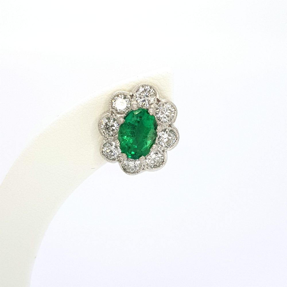1.50ct Emerald and Diamond Oval Cluster Stud Earrings