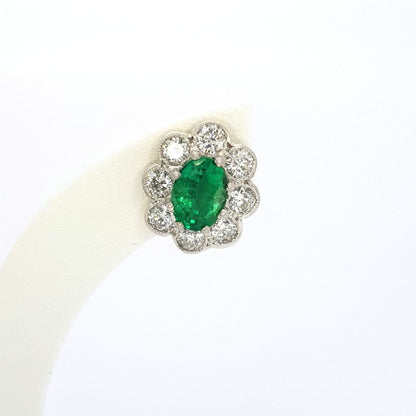 1.50ct Emerald and Diamond Oval Cluster Stud Earrings