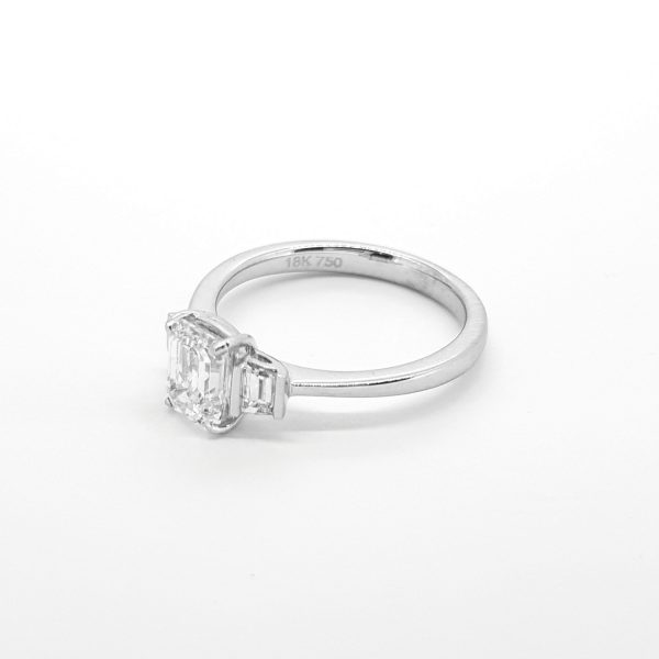 1ct Emerald Cut Diamond Ring with Baguette Shoulders in 18ct White Gold