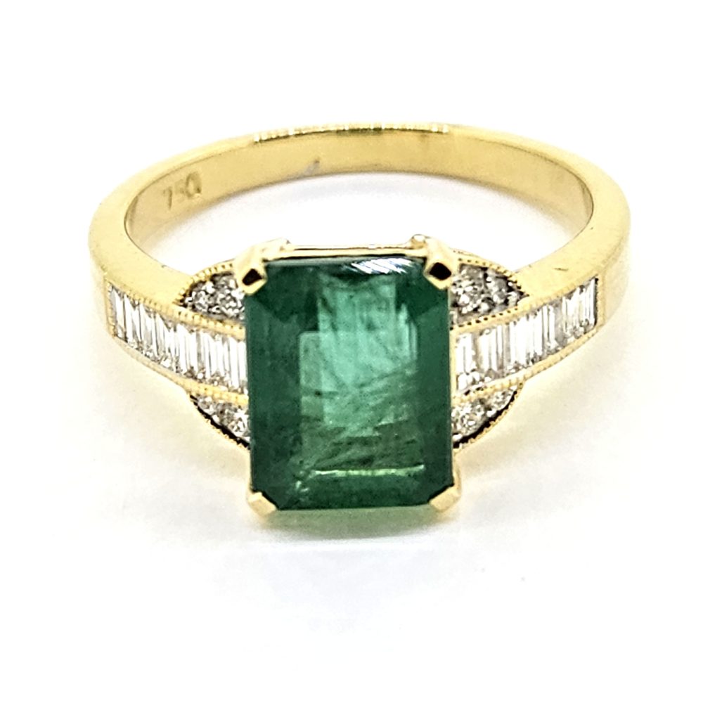 2.50ct Emerald and Baguette Diamond Engagement Ring in Yellow Gold