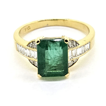 2.50ct Emerald and Baguette Diamond Engagement Ring in Yellow Gold