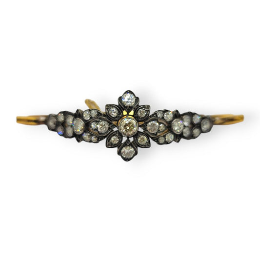 Victorian Antique 5ct Diamond Flower Cluster Bracelet, floral cluster panel set with 5 carats of sparkling diamonds in silver upon yellow gold