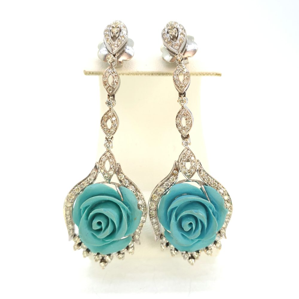 Carved Turquoise Flower and Diamond Drop Earrings