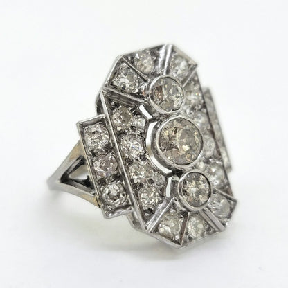 Art Deco Three Stone Diamond Cluster Panel Ring