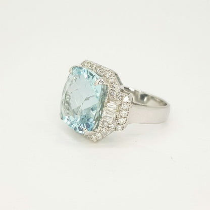 Cushion Cut Aquamarine and Diamond Cluster Ring, 9.91 carats