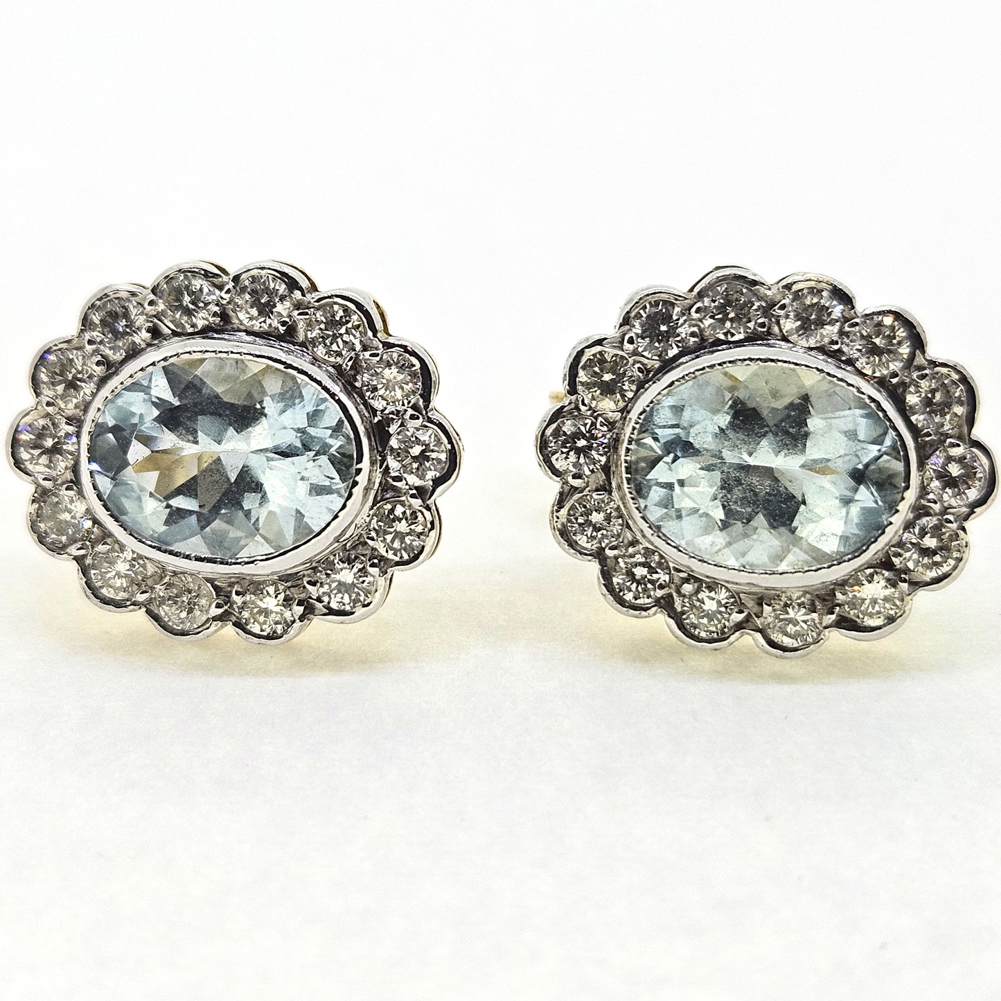 2ct Oval Aquamarine and Diamond Cluster Stud Earrings