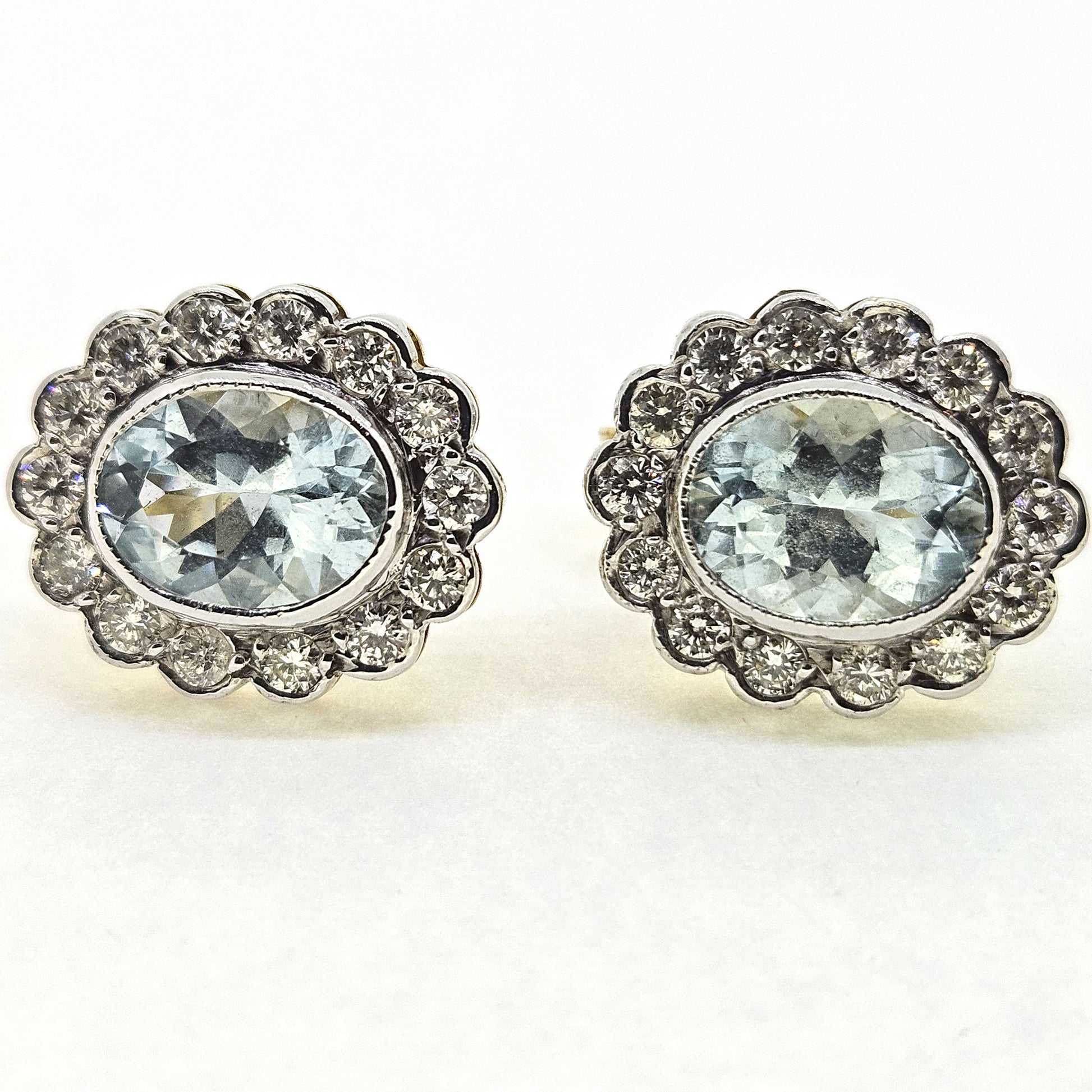 2ct Oval Aquamarine and Diamond Cluster Stud Earrings
