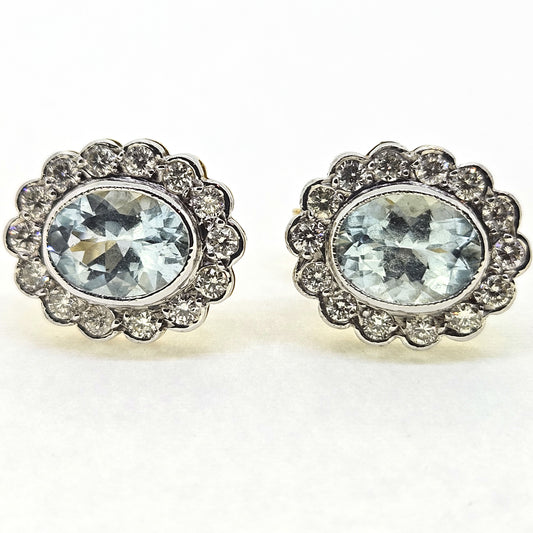 2ct Oval Aquamarine and Diamond Cluster Stud Earrings