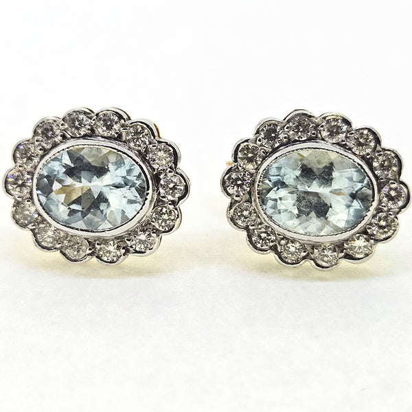 2ct Oval Aquamarine and Diamond Cluster Stud Earrings
