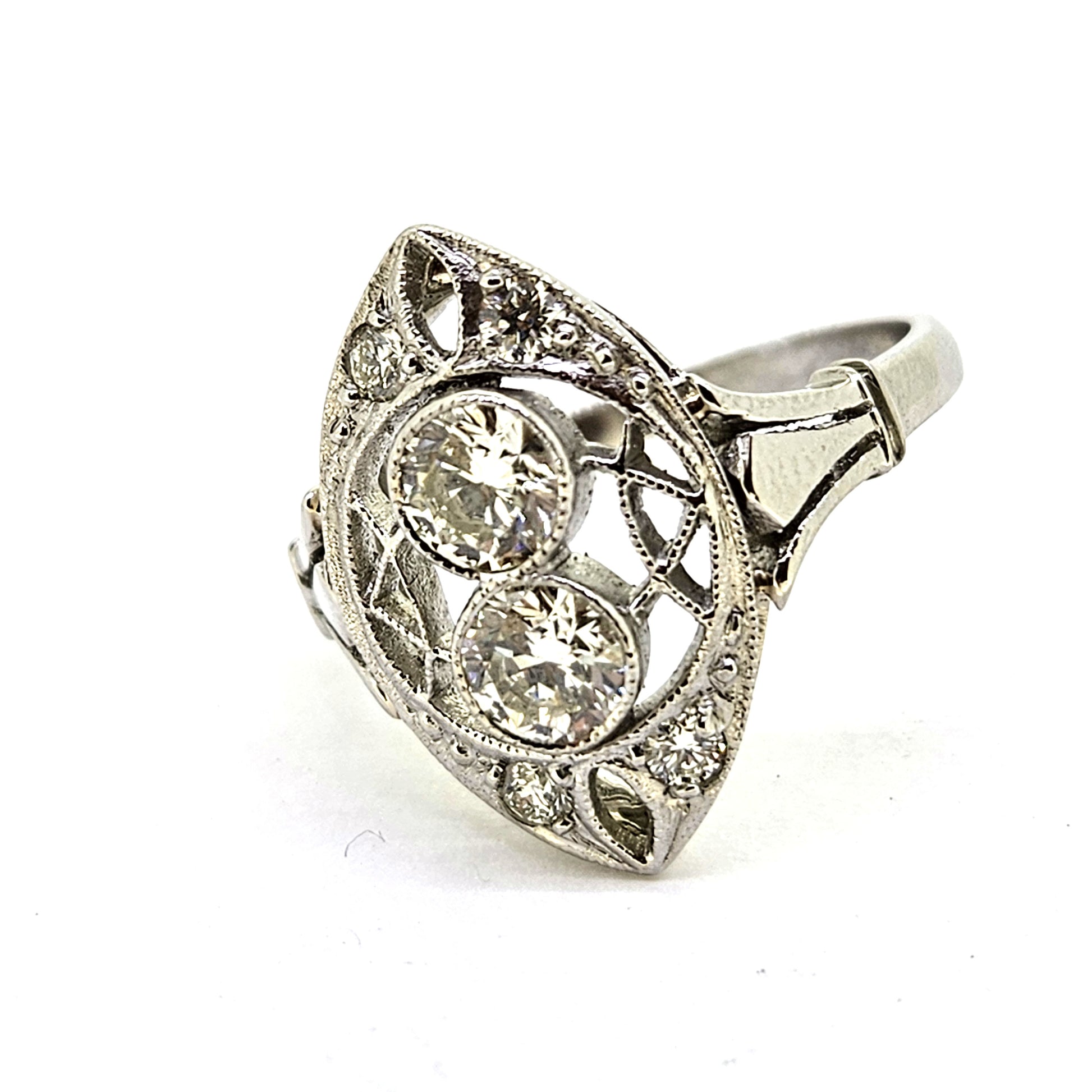 Art Deco Inspired Diamond Two Stone Navette Cluster Ring in Platinum