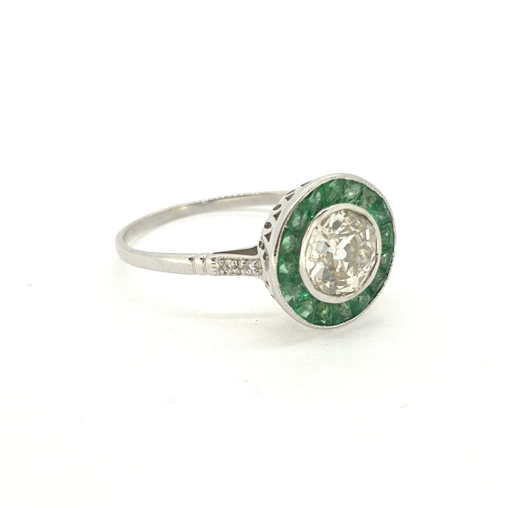 0.90ct Old Cut Diamond and Emerald Target Cluster Ring