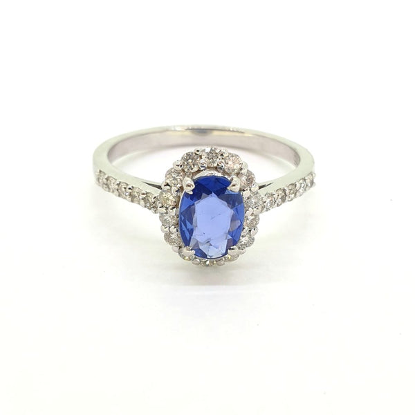 0.75ct Oval Blue Sapphire and Diamond Cluster Engagement Ring