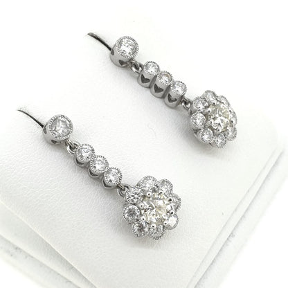 Vintage Diamond Cluster Drop Earrings, 2.10 carat total
