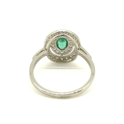Emerald and Diamond Double Halo Cluster Ring