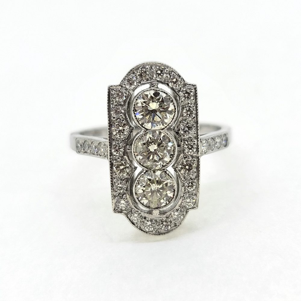 Art Deco Style 1.50ct Diamond Trilogy Cluster Tablet Plaque Ring in Platinum
