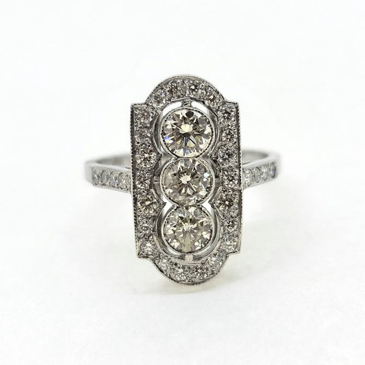 Art Deco Style 1.50ct Diamond Trilogy Cluster Tablet Plaque Ring in Platinum