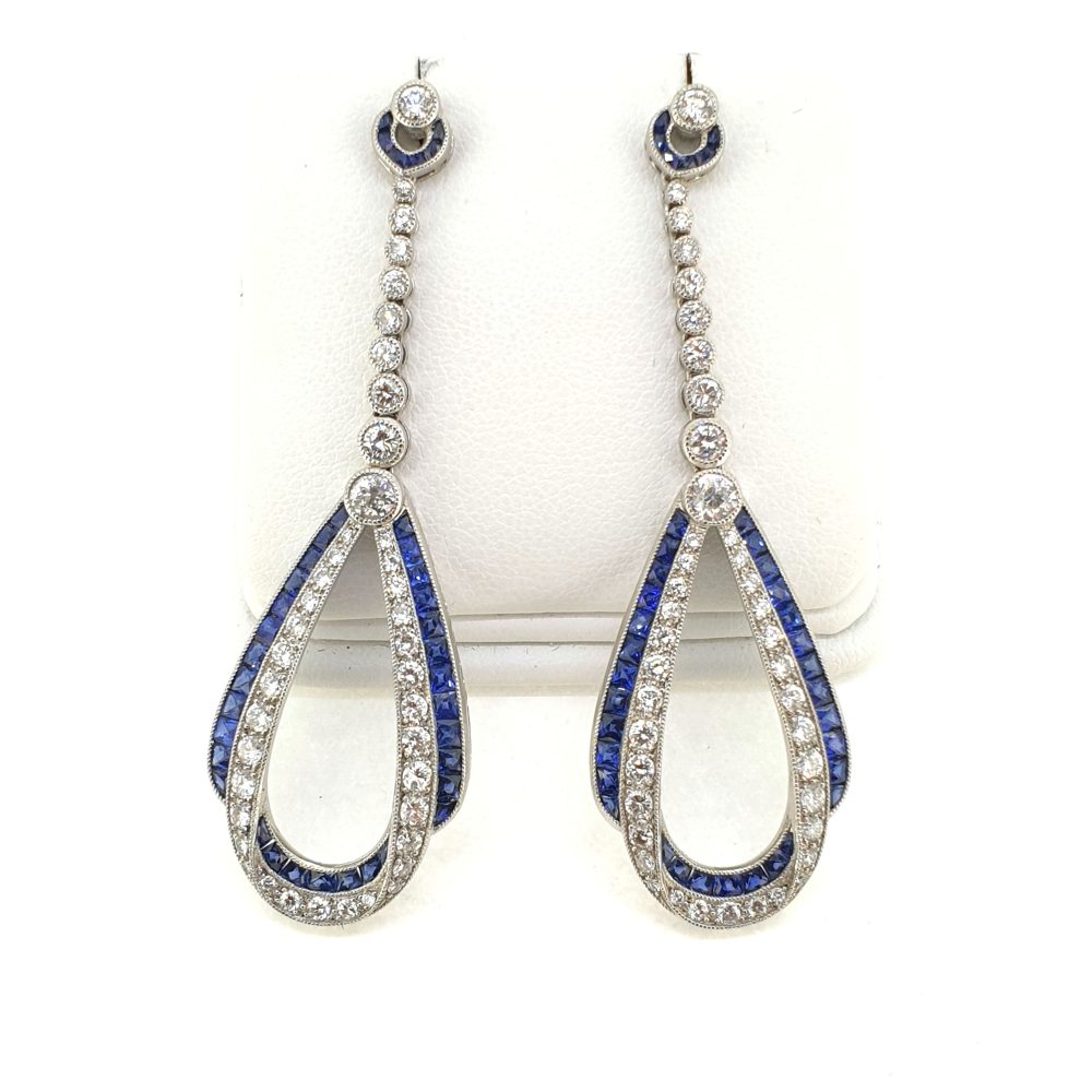 Art Deco Inspired Sapphire and Diamond Long Drop Earrings 18ct White Gold