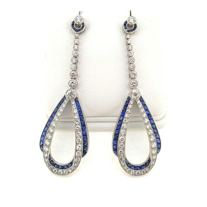 Art Deco Inspired Sapphire and Diamond Long Drop Earrings 18ct White Gold