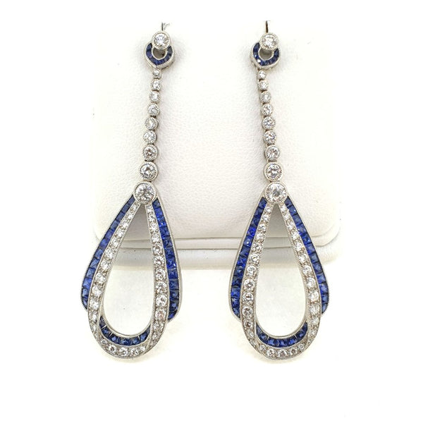 Art Deco Inspired Sapphire and Diamond Long Drop Earrings 18ct White Gold