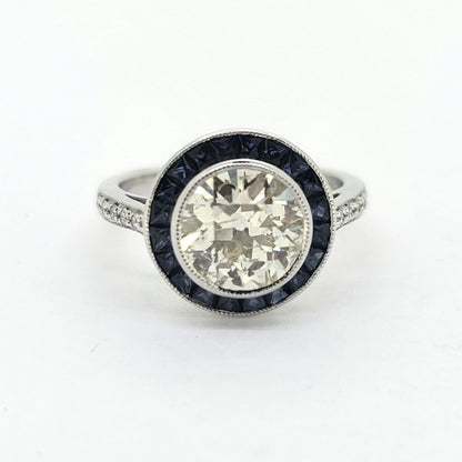 2.22ct Old Cut Diamond and Calibre Sapphire Target Engagement Ring