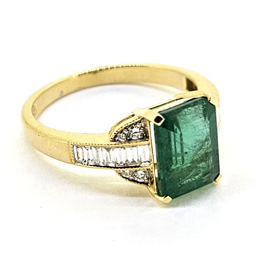 2.50ct Emerald and Baguette Diamond Engagement Ring in Yellow Gold