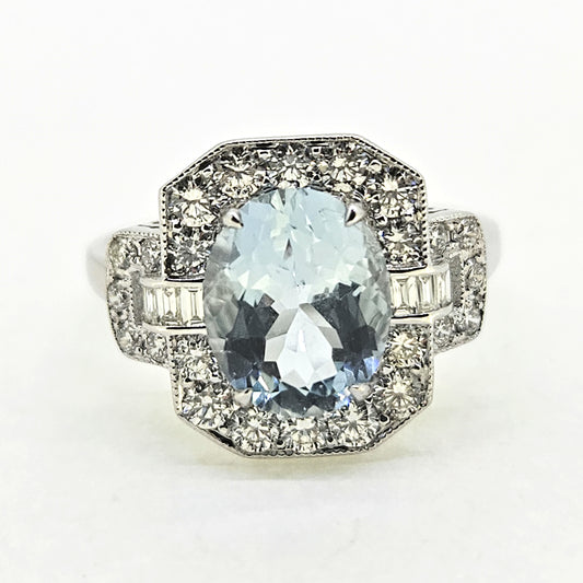 1.77ct Oval Aquamarine and Diamond Cluster Buckle Dress Ring