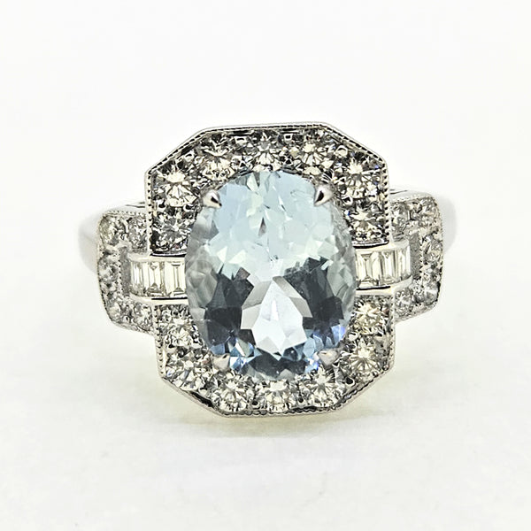 1.77ct Oval Aquamarine and Diamond Cluster Buckle Dress Ring