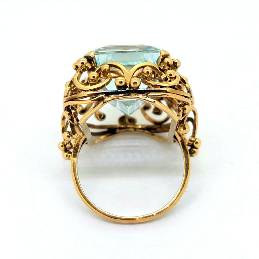 15ct Emerald Cut Aquamarine Solitaire Statement Cocktail Ring, large 15 carat emerald-cut aquamarine nestled within a handmade yellow gold scrolled mount