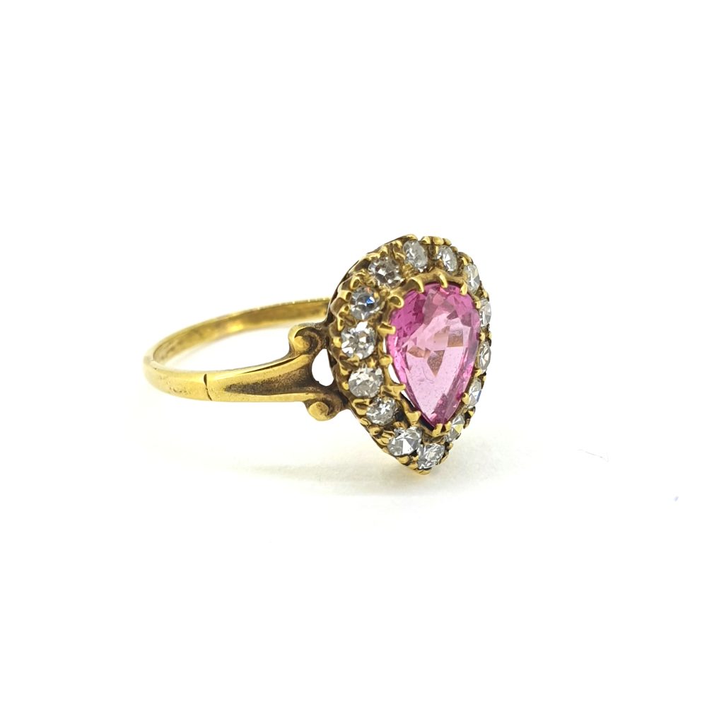 1.35ct Pear Cut Pink Sapphire and Diamond Cluster Ring in 18ct Yellow Gold