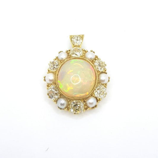 Antique Victorian Opal, Pearl and Old Cut Diamond Cluster Pendant; oval cabochon-cut opal surrounded by pearls and old-cut diamonds, diamond set bale, in 18ct yellow gold