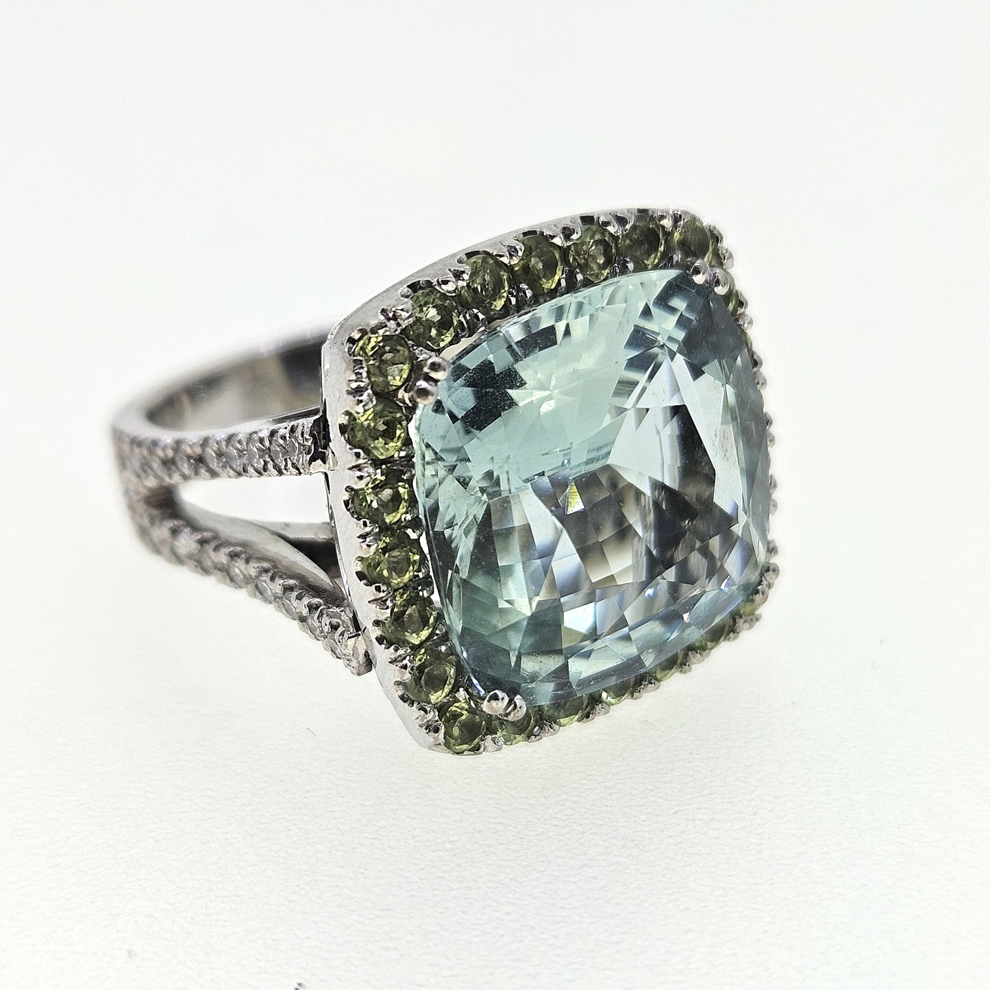 Modern 10cts Aquamarine Peridot and Diamond Cluster Dress Cocktail Ring