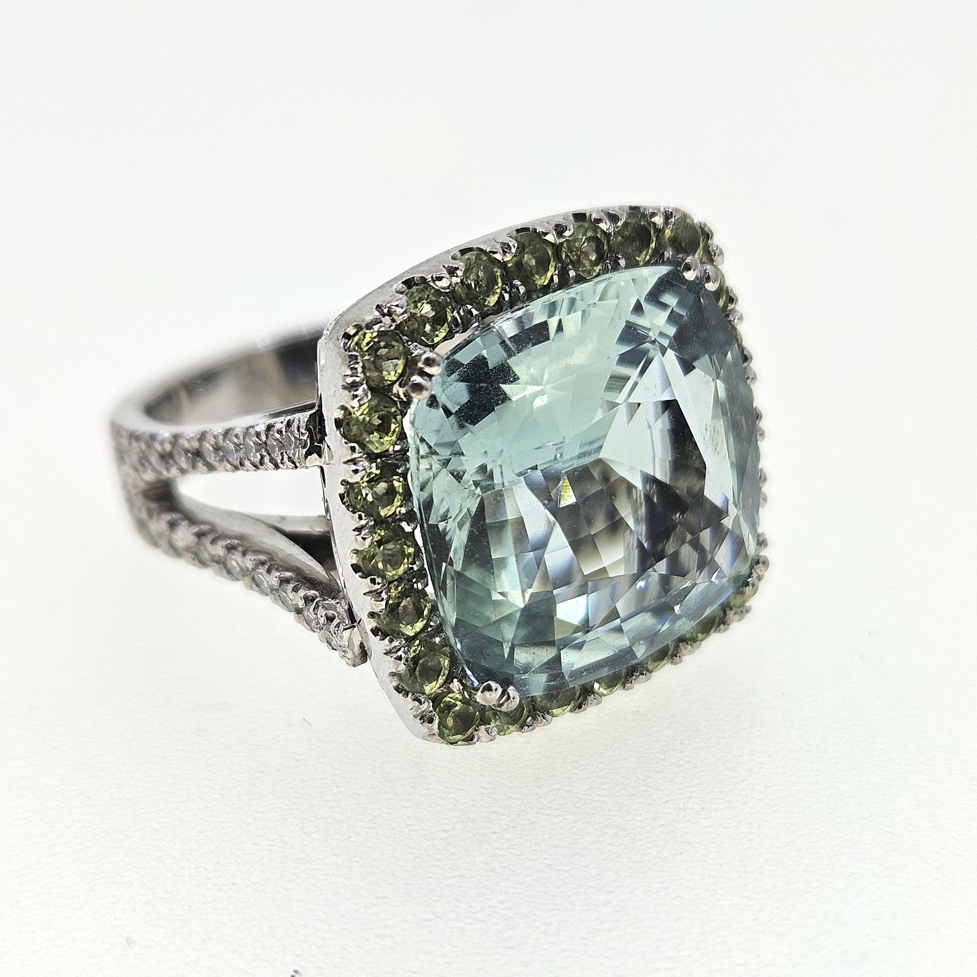 Modern 10cts Aquamarine Peridot and Diamond Cluster Dress Cocktail Ring