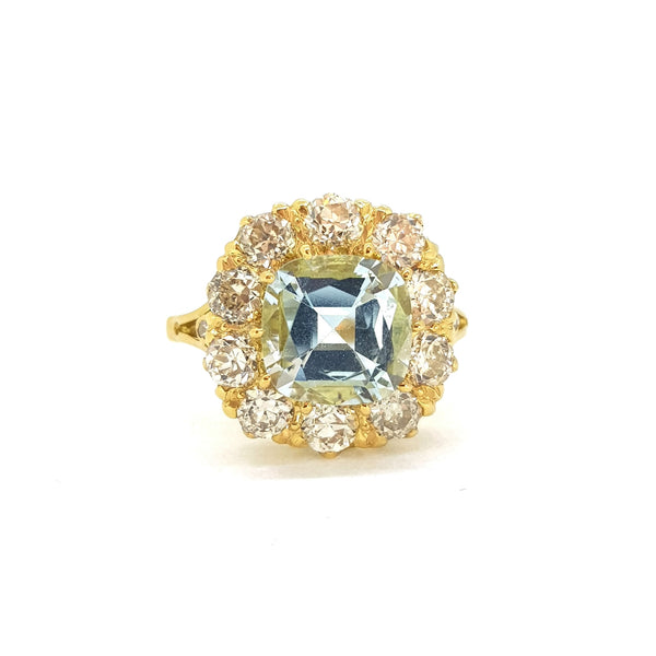 Vintage 2.50ct Aquamarine and Diamond Cluster Ring in 18ct Yellow Gold