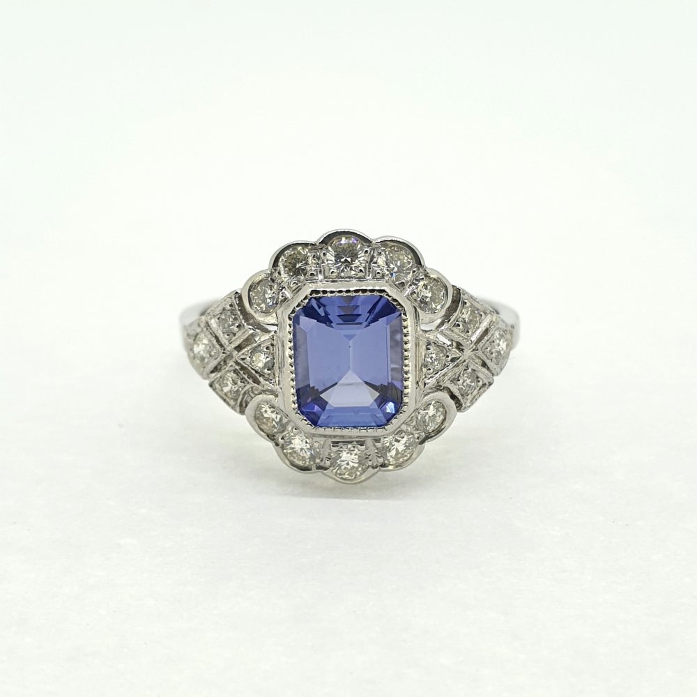 Art Deco Style 1.50ct Tanzanite and Diamond Cluster Dress Ring in Platinum