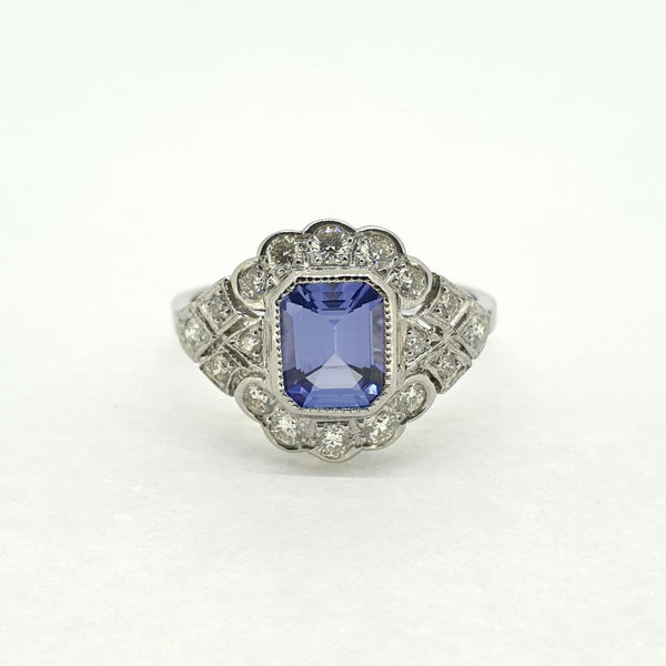 Art Deco Style 1.50ct Tanzanite and Diamond Cluster Dress Ring in Platinum