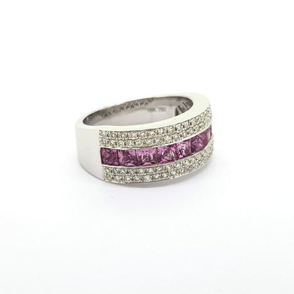 Princess Cut Pink Sapphire and Diamond Set Band Ring; central row of princess-cut pink sapphires flanked top and bottom by two rows of brilliant-cut diamonds, in 18ct white gold