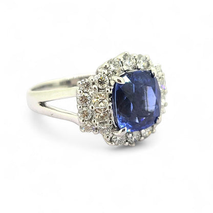 Oval Cushion Shaped Sapphire and Diamond Cluster Engagement Ring in 18ct white gold with split shoulders