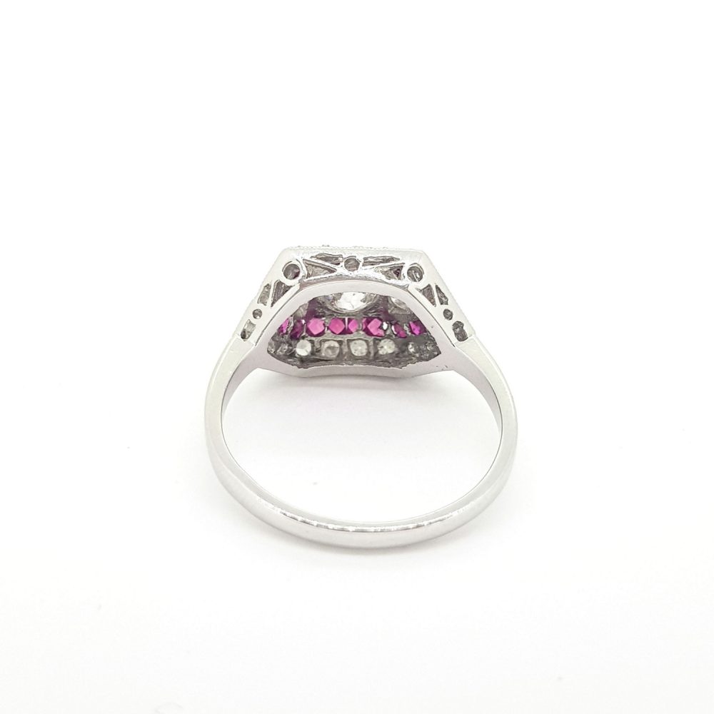 Art Deco Style Calibre Ruby and Diamond Cluster Ring