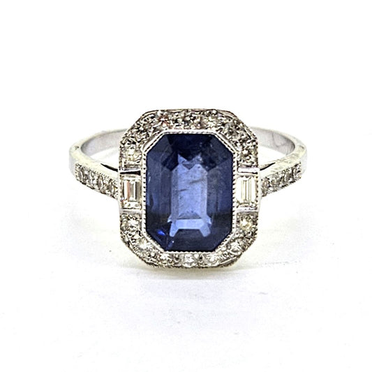 Modern 2.36ct Emerald Cut Sapphire and Diamond Engagement Cluster Ring