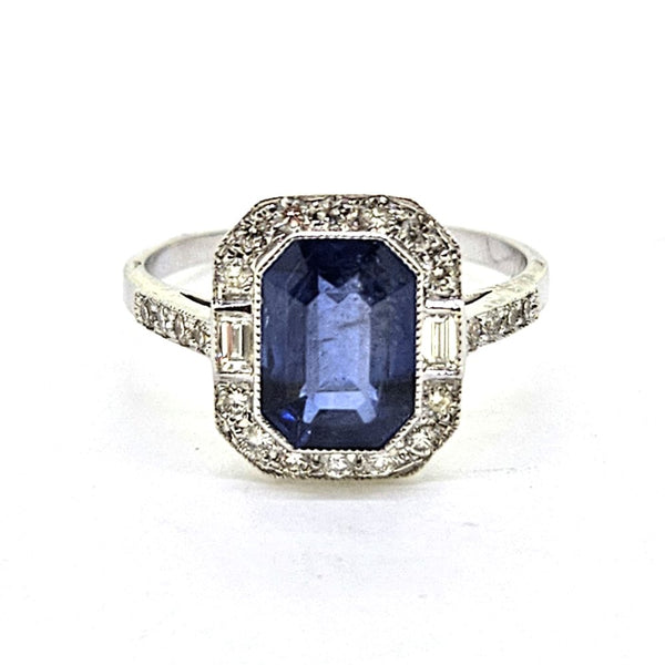 Modern 2.36ct Emerald Cut Sapphire and Diamond Engagement Cluster Ring