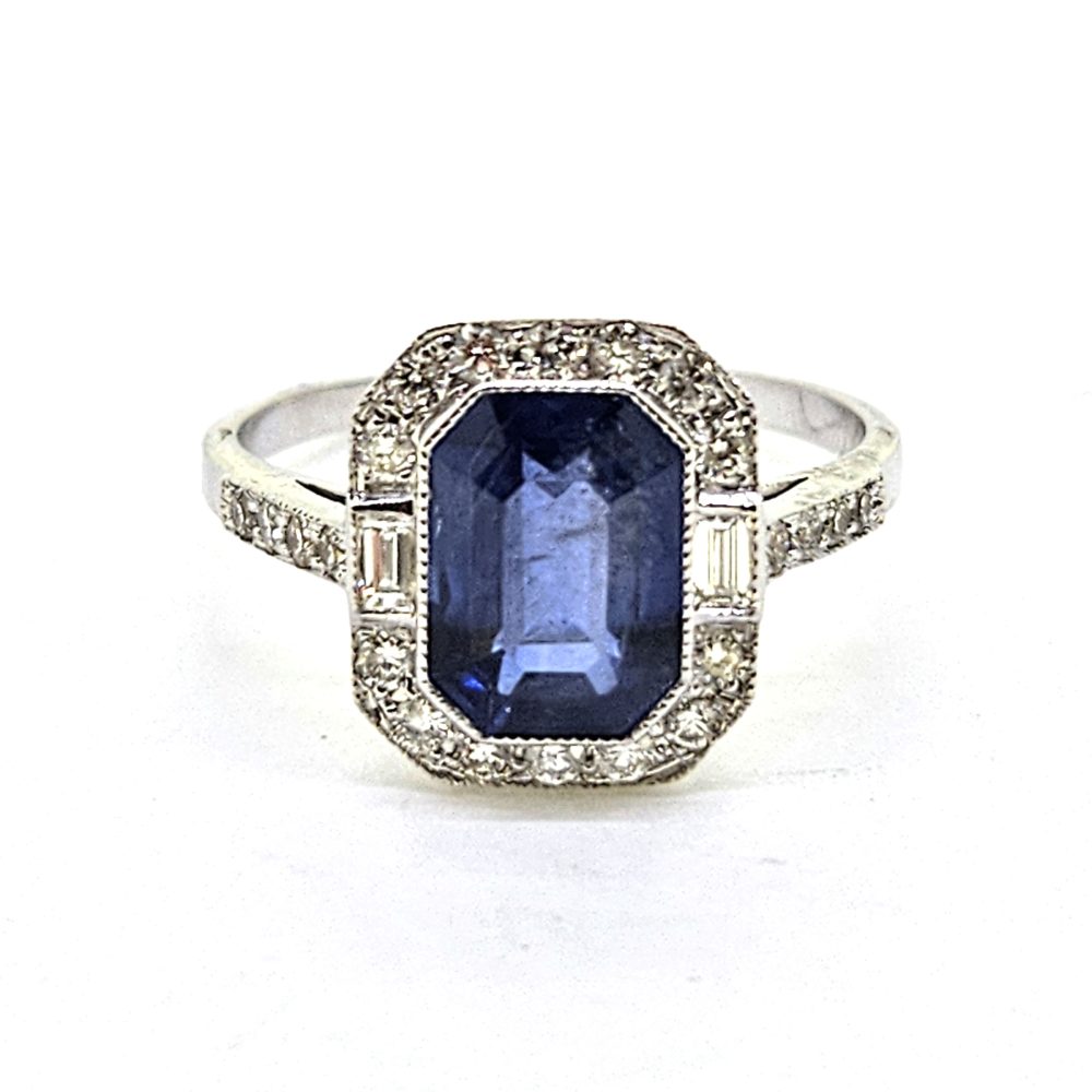Modern 2.36ct Emerald Cut Sapphire and Diamond Engagement Cluster Ring