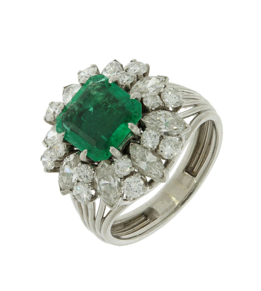 Certified 1.80ct Octagonal Columbian Emerald and Diamond Cluster Ring