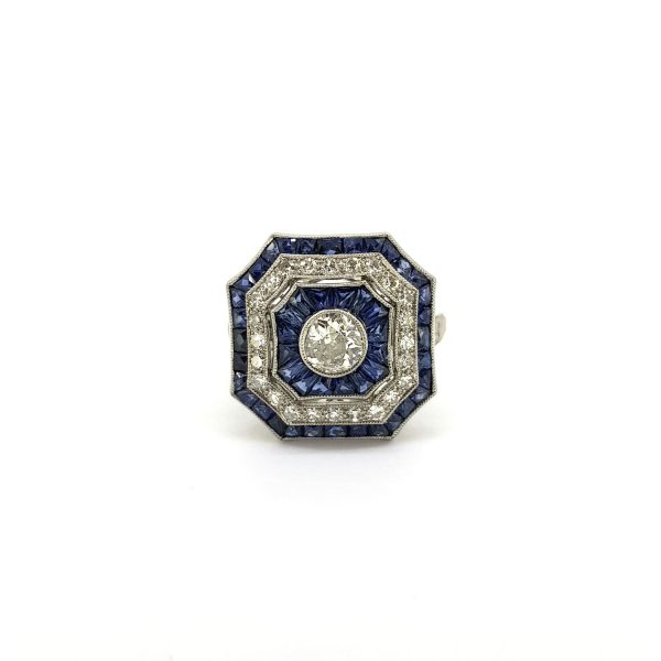 Art Deco Style Sapphire and Diamond Cluster Dress Ring in Platinum