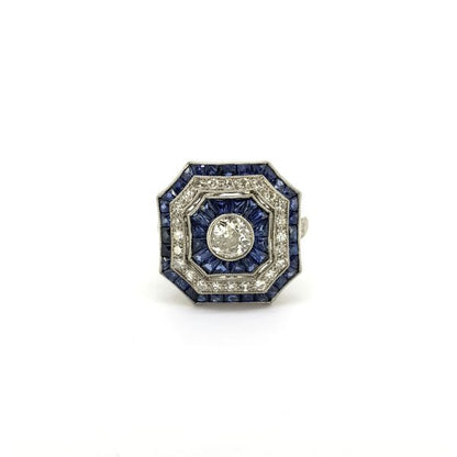 Art Deco Style Sapphire and Diamond Cluster Dress Ring in Platinum