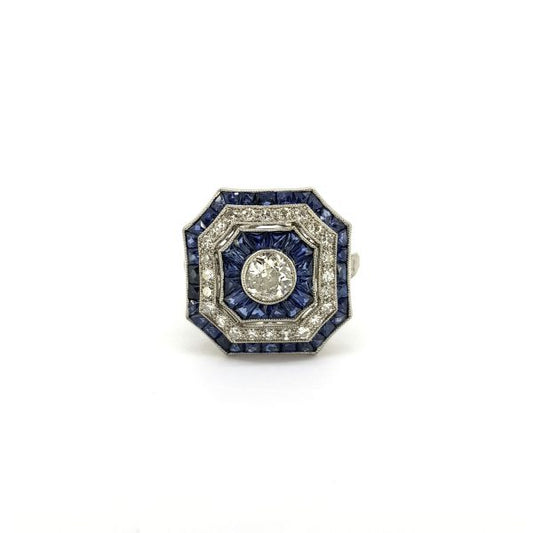 Art Deco Style Sapphire and Diamond Cluster Dress Ring in Platinum