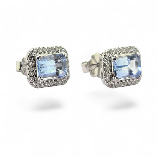 1.94ct Emerald Cut Aquamarine and Diamond Halo Cluster Stud Earrings
