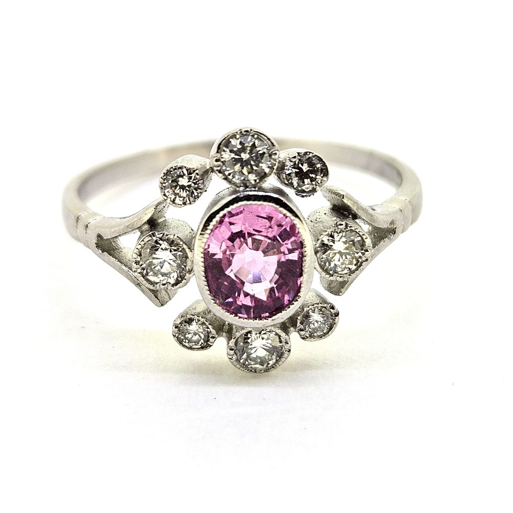 Contemporary 1ct Pink Sapphire and Diamond Flower Cluster Ring in Platinum