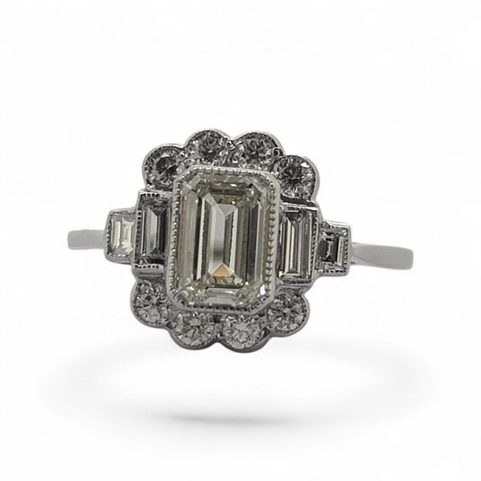 0.99ct Emerald Cut Diamond Floral Cluster Engagement Ring