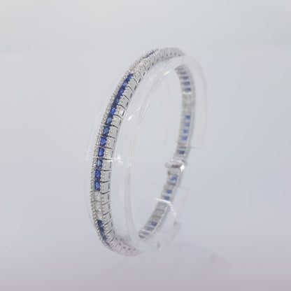 Princess Cut Sapphire and Diamond Line Bracelet in 18ct white gold. Sapphires 7.03 carats. Diamonds 2.21 carats
