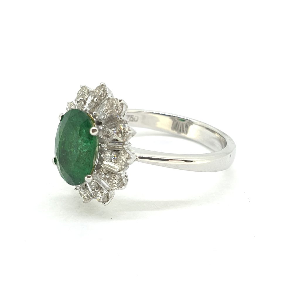 1.50ct Oval Emerald and Diamond Cluster Ring with Baguette and Brilliant Diamonds